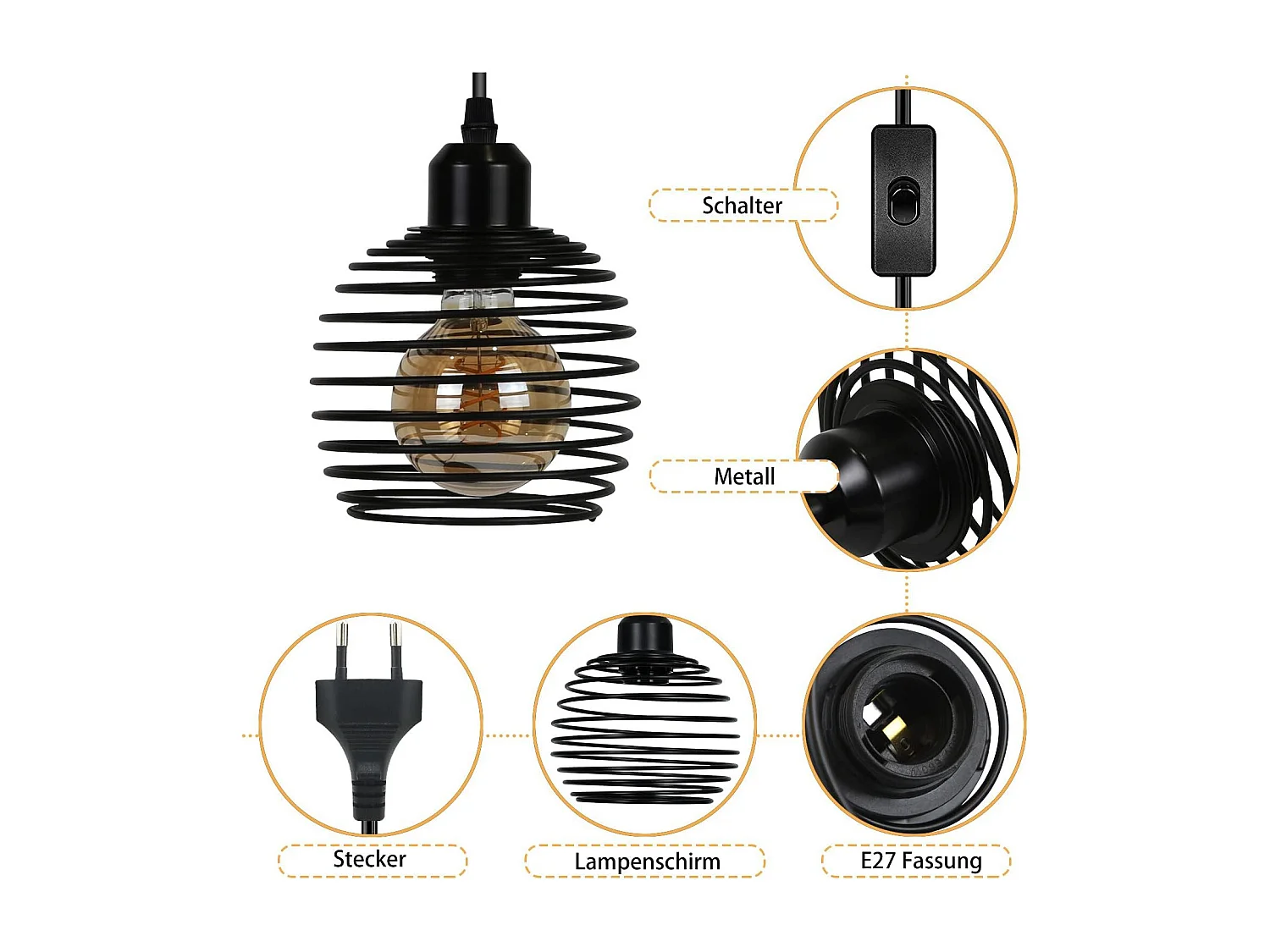 NETTLIFE Suspension E27 Noir Diam.15cm Vintage Conception à ressort Métal avec Prise et Interrupteur Rétro pour salon cuisine Max.40W