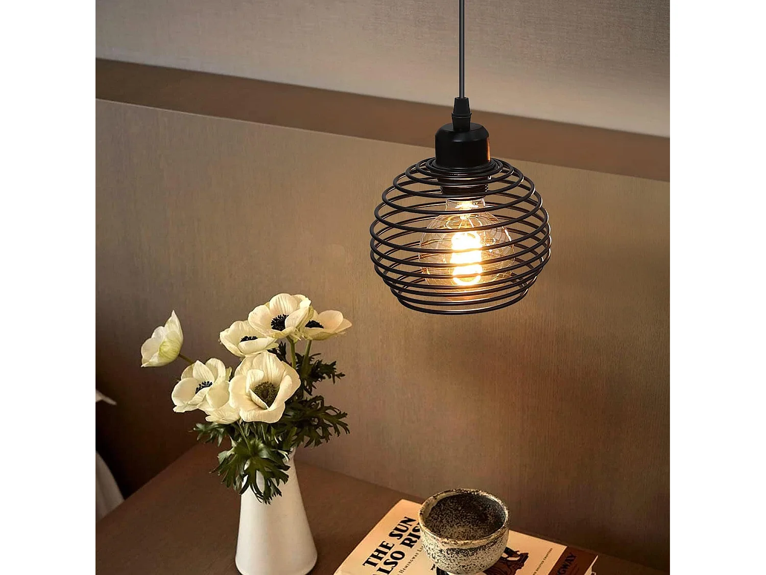 NETTLIFE Hanglamp Zwart 1xE27 rond Vintage Eettafel Hanglamp 1.5M Hanglamp met Schakelaar en Stekker Hanglamp Max.40W voor Keuken Restaurant Slaapkamer Woonkamer