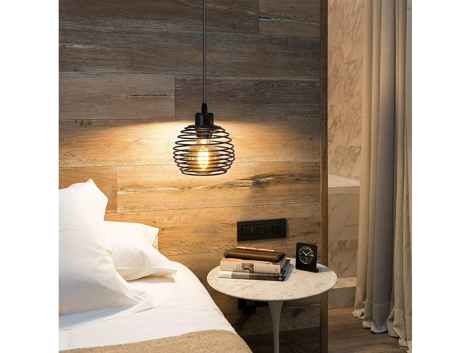 NETTLIFE Hanglamp Zwart 1xE27 rond Vintage Eettafel Hanglamp 1.5M Hanglamp met Schakelaar en Stekker Hanglamp Max.40W voor Keuken Restaurant Slaapkamer Woonkamer