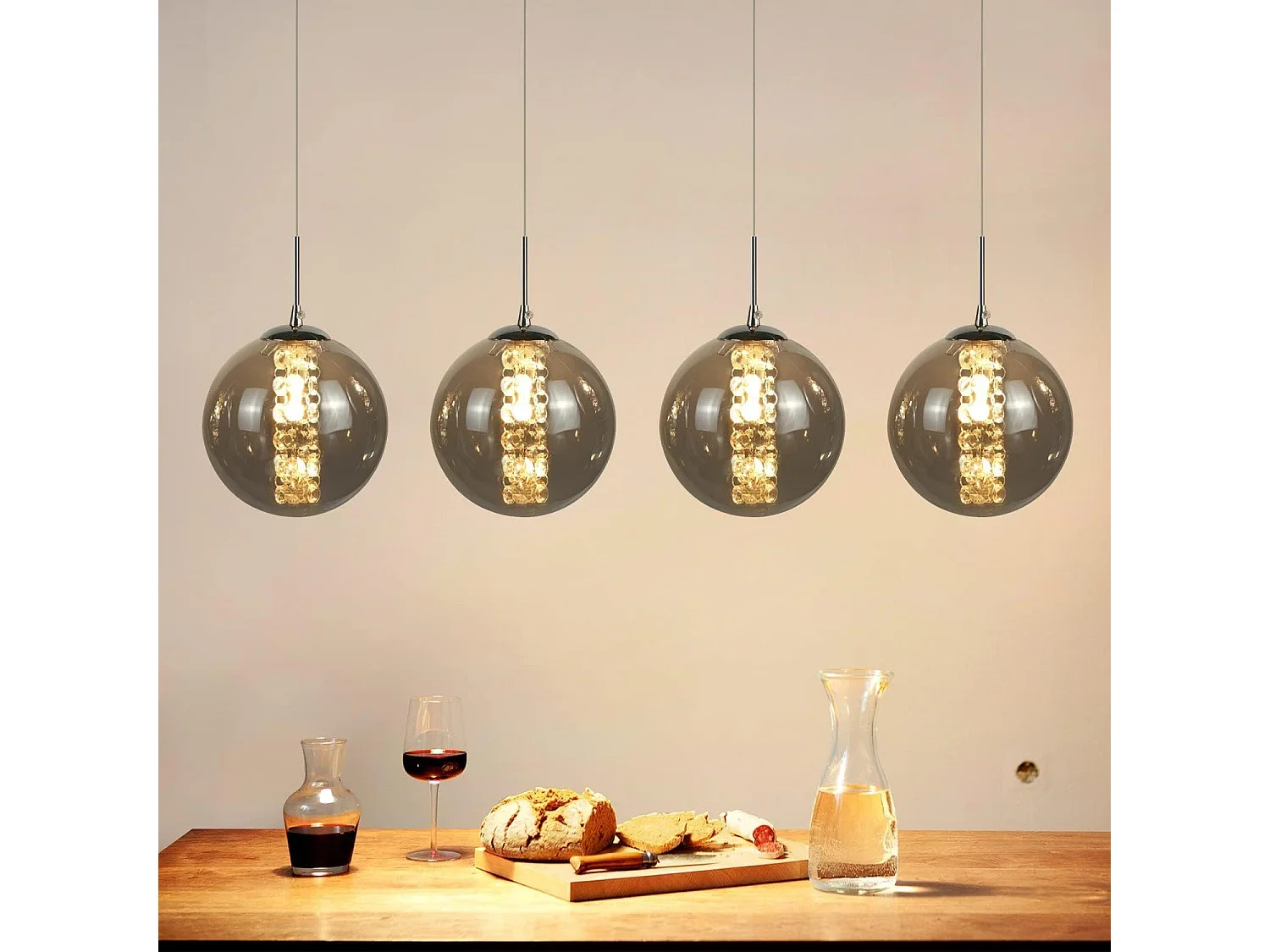 NETTLIFE Lámpara colgante de cristal gris diámetro 70 cm G9 para mesa de  regulable en altura 4 lámparas en color lámpara de mesa de  para s