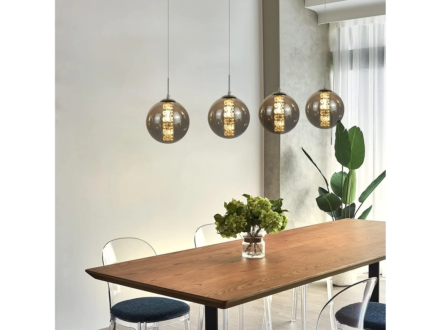 NETTLIFE Lampa wisząca z szarego szkła średnica 70 cm G9 żyrandol stołowy z regulacją wysokości 4 lampy w kolorze lampa stołowa do kuchni