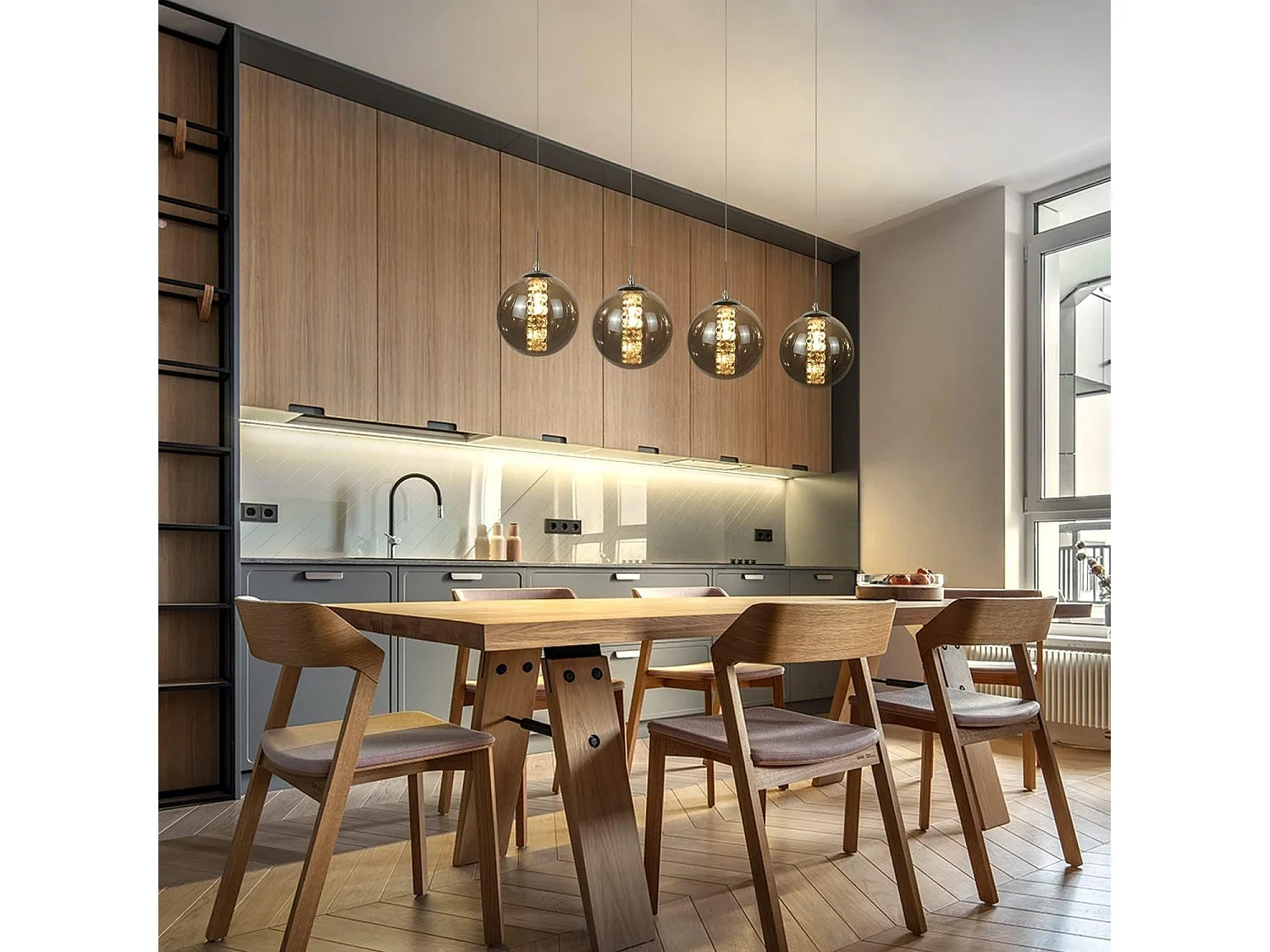 NETTLIFE Suspension verre gris diamètre 70 cm G9 table à manger lustre réglable en hauteur 4 lampes en couleur lampe de table à manger pour cuisines