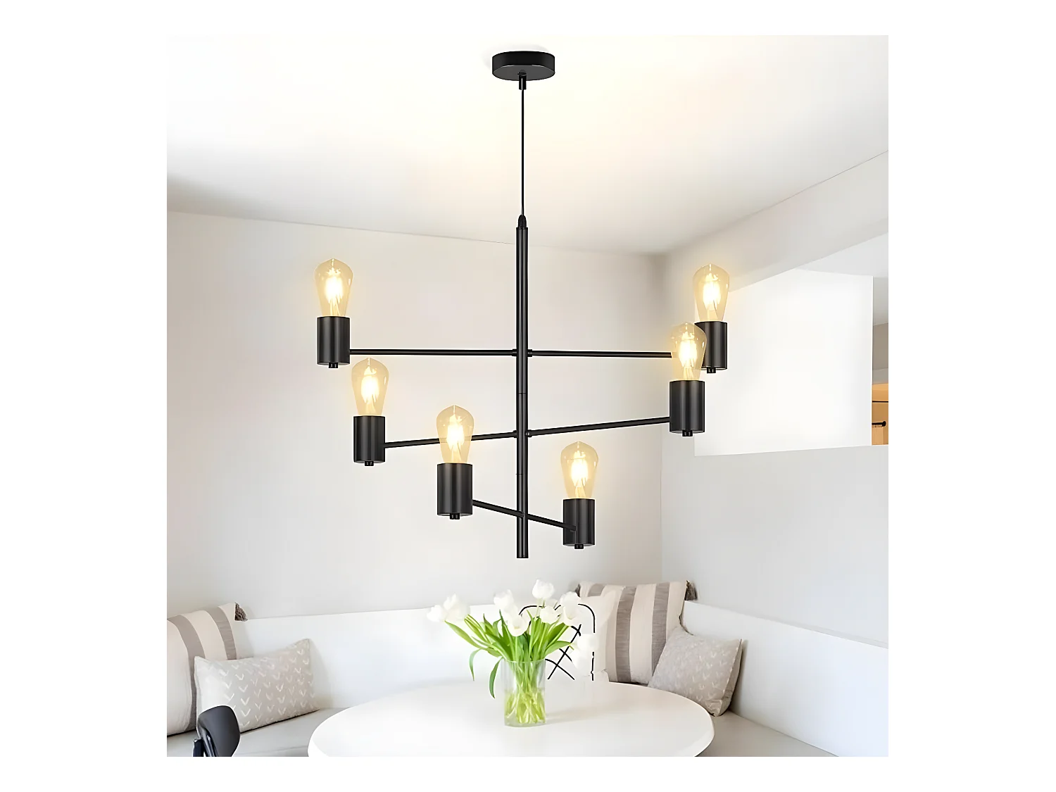NETTLIFE Hanglamp - Zwart - 6-Lichts - E27 fitting - Vintage Kroonluchter - Metalen Hanglamp Retro - voor Woonkamer | Eetkamer | Slaapkamer