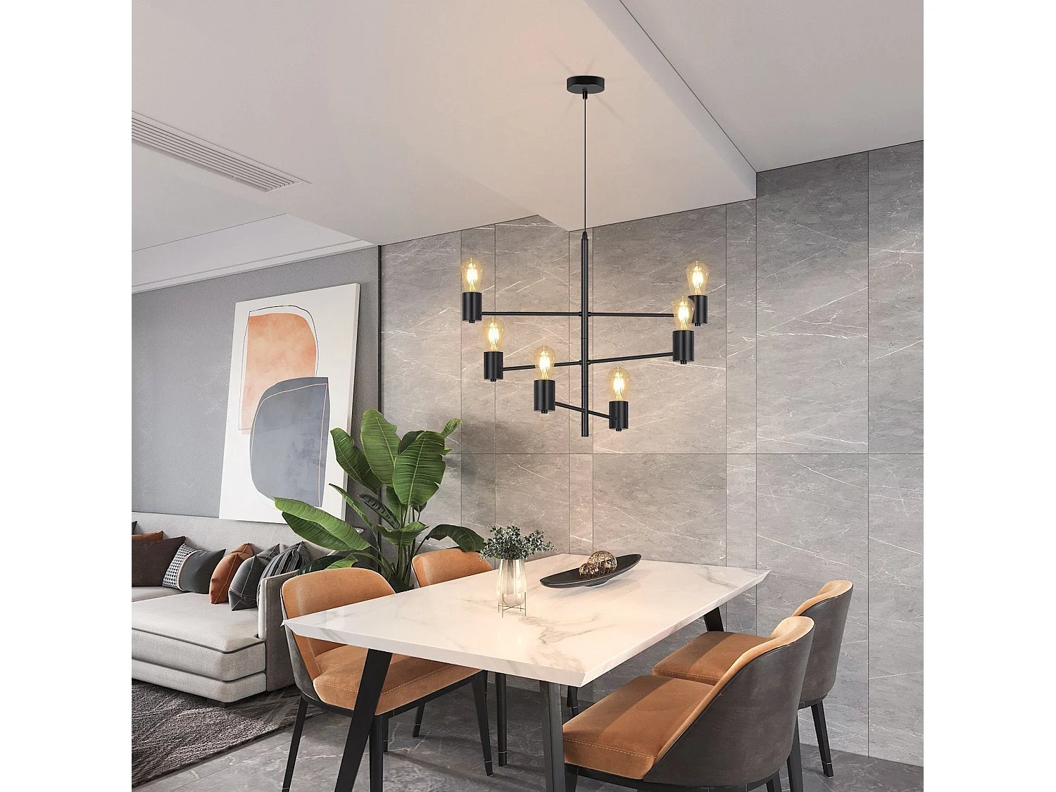 NETTLIFE Suspension 6 Ampoules E27 Noir Diam.65cm Vintage Métal Orientable Lustre Industriel Salon pour Salle à Manger Chambre