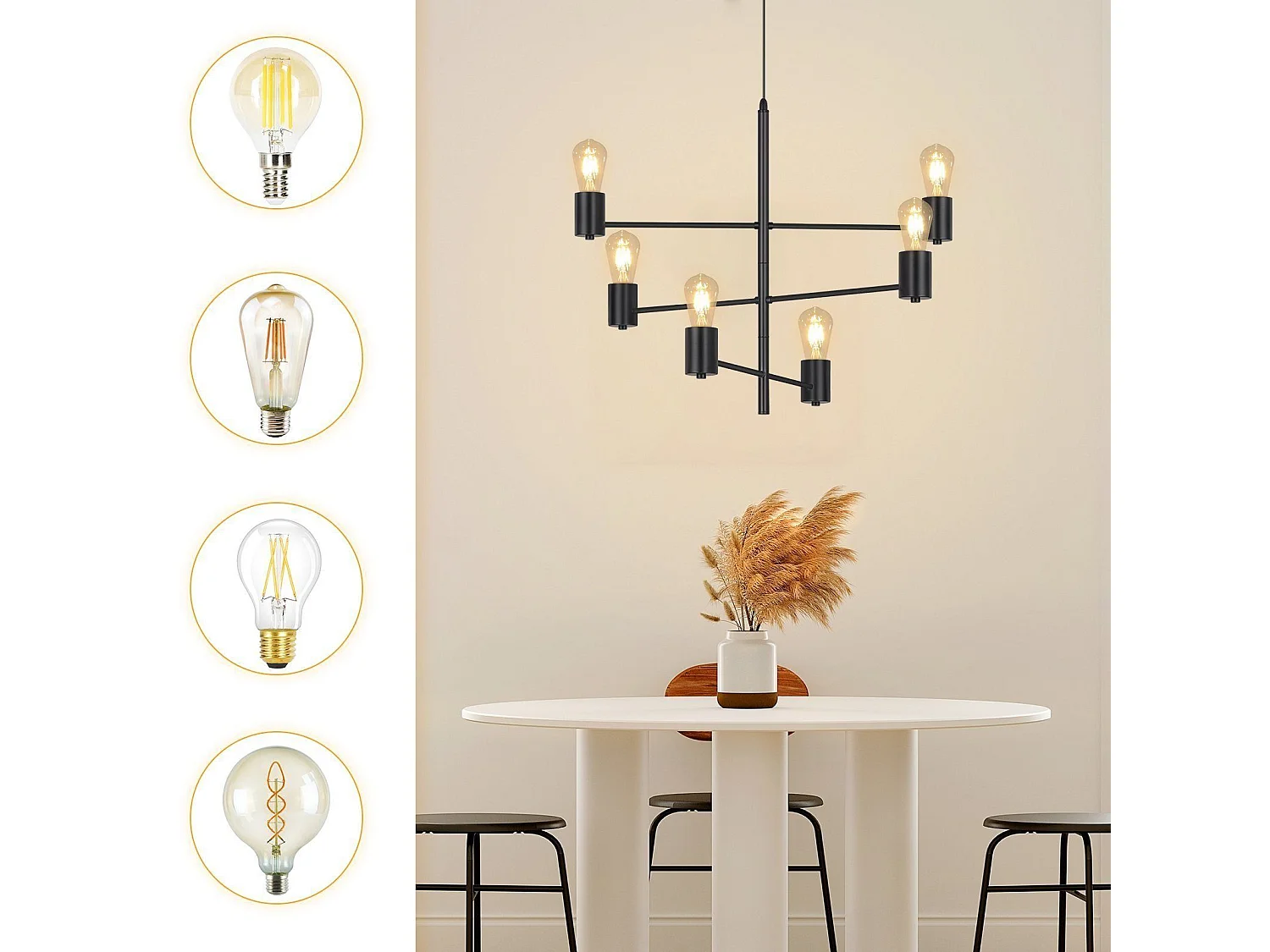 NETTLIFE Suspension 6 Ampoules E27 Noir Diam.65cm Vintage Métal Orientable Lustre Industriel Salon pour Salle à Manger Chambre