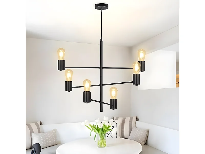 NETTLIFE Hanglamp - Zwart - 6-Lichts - E27 fitting - Vintage Kroonluchter - Metalen Hanglamp Retro - voor Woonkamer | Eetkamer | Slaapkamer