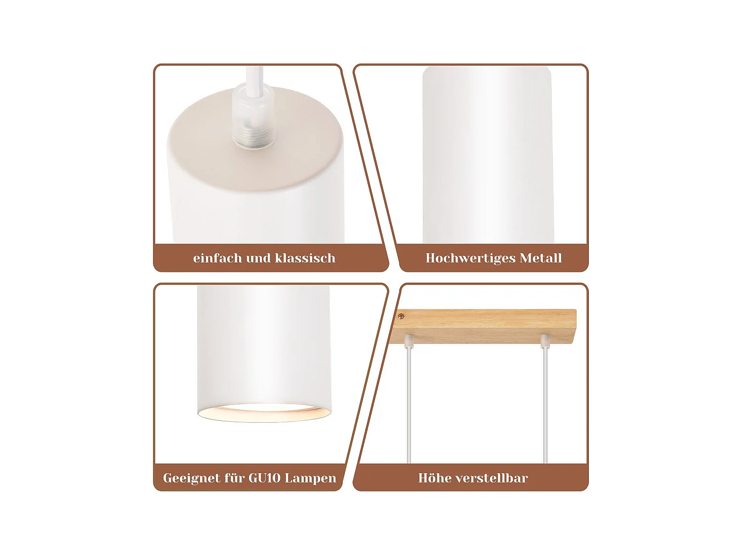 NETTLIFE Hanglamp - 4-Lichts - GU10 fitting - wit - metaal eetkamerlamp - hout Design - vintage hal lamp - voor eetkamer | keuken | café | woonkamer | slaapkamer