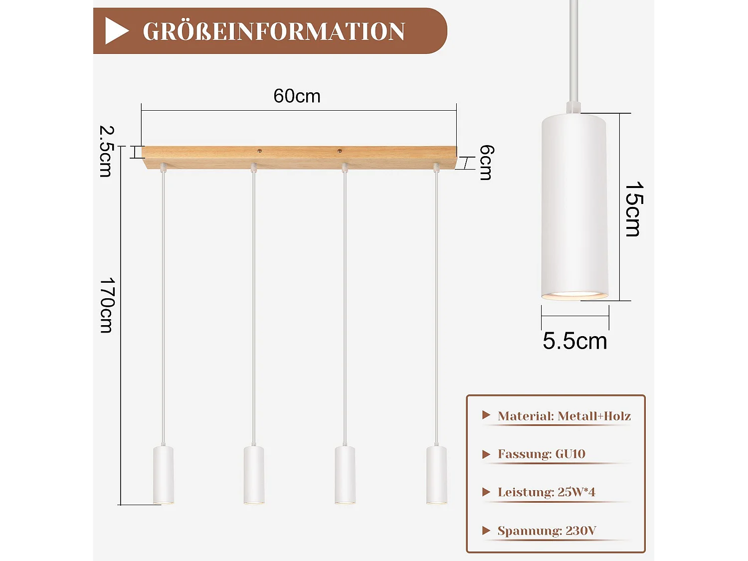 NETTLIFE Suspension Bois Métal Diam.60cm GU10 Blanc 4 Ampoules Lampe Suspendue Lampe de Couloir Vintage pour Salle à Manger Cuisine Café Salon Chambre