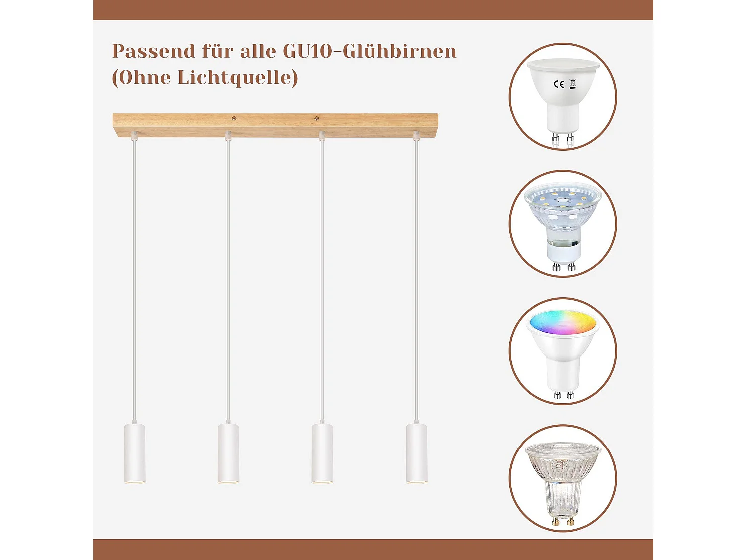 NETTLIFE Suspension Bois Métal Diam.60cm GU10 Blanc 4 Ampoules Lampe Suspendue Lampe de Couloir Vintage pour Salle à Manger Cuisine Café Salon Chambre