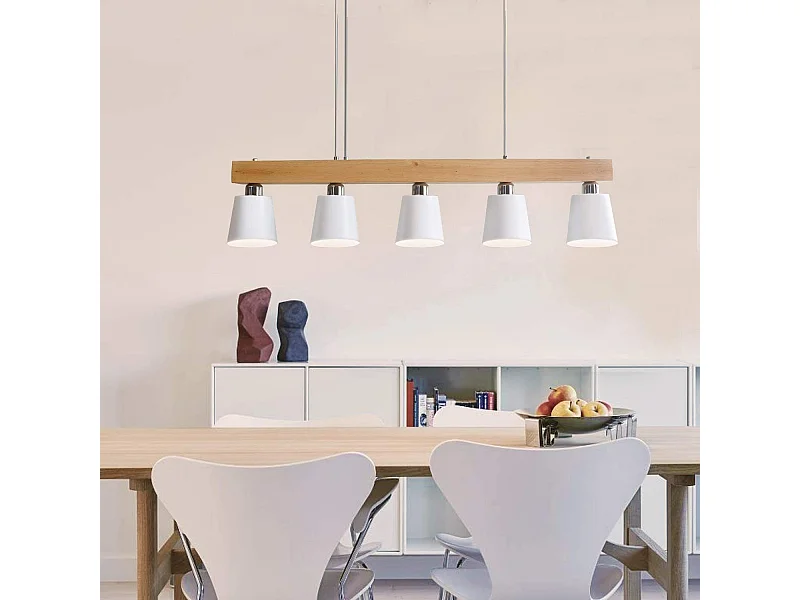 NEETLIFE Hanglamp 5xE27 wit Hout Design 102cm vintage hanglamp hoogte verstelbaar eettafel lamp opknoping voor eetkamer | woonkamer |kantoor | slaapkamer | keuken