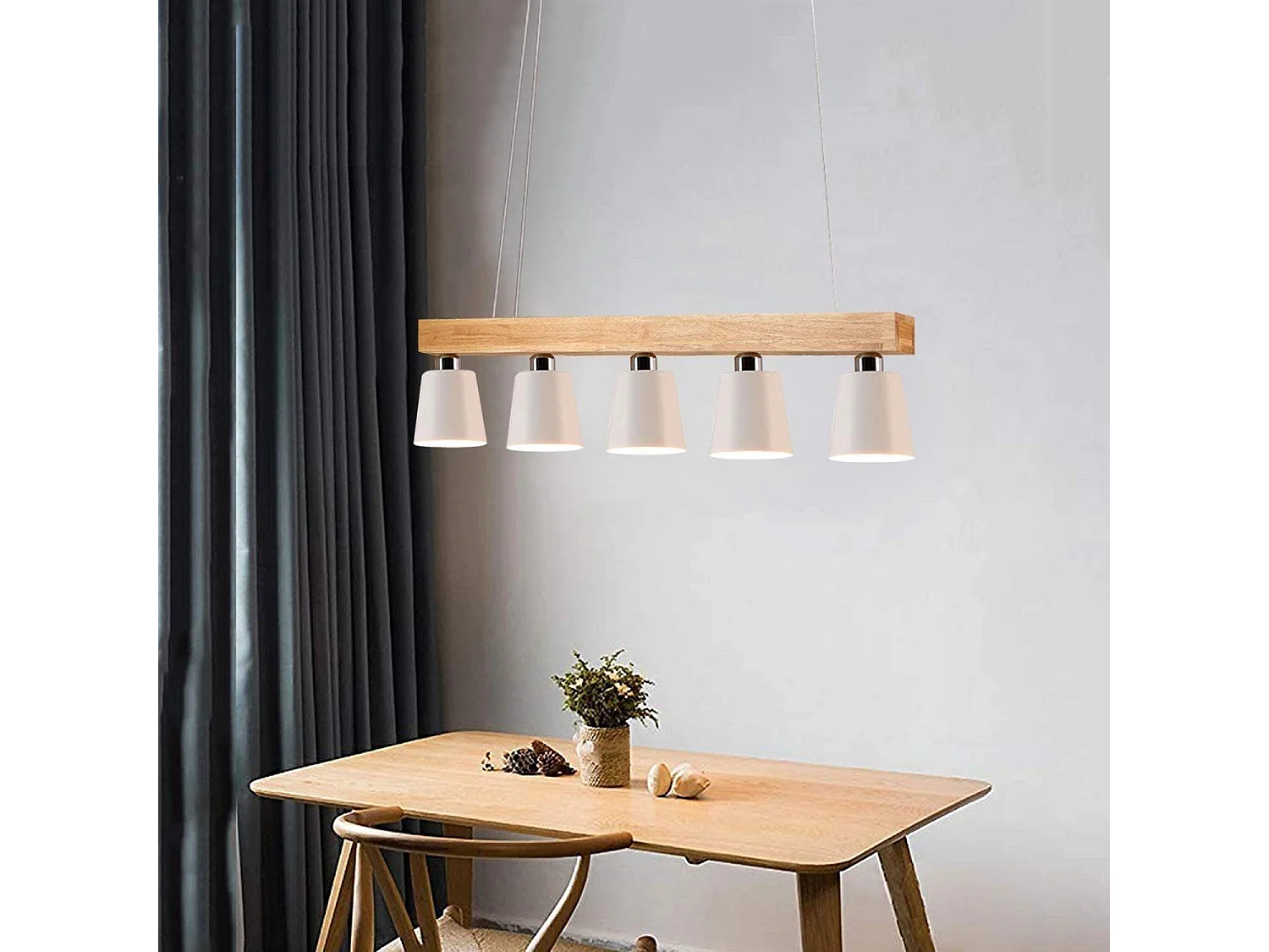 NEETLIFE Hanglamp 5xE27 wit Hout Design 102cm vintage hanglamp hoogte verstelbaar eettafel lamp opknoping voor eetkamer | woonkamer |kantoor | slaapkamer | keuken