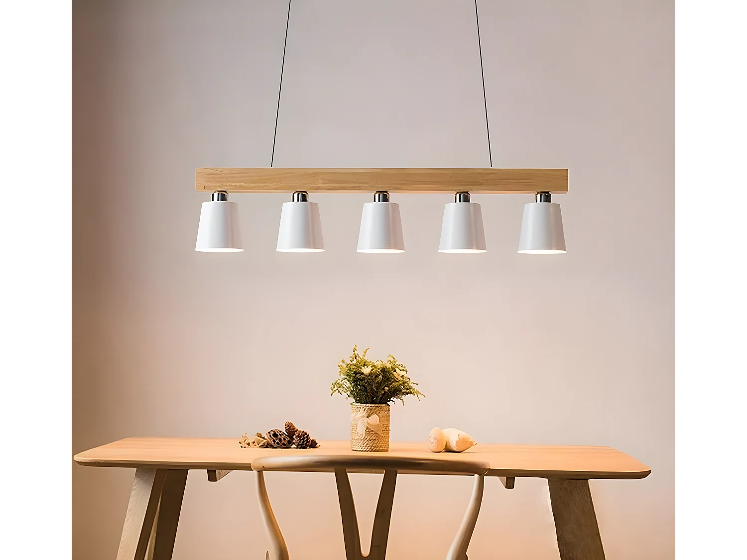 NEETLIFE Hanglamp 5xE27 wit Hout Design 102cm vintage hanglamp hoogte verstelbaar eettafel lamp opknoping voor eetkamer | woonkamer |kantoor | slaapkamer | keuken