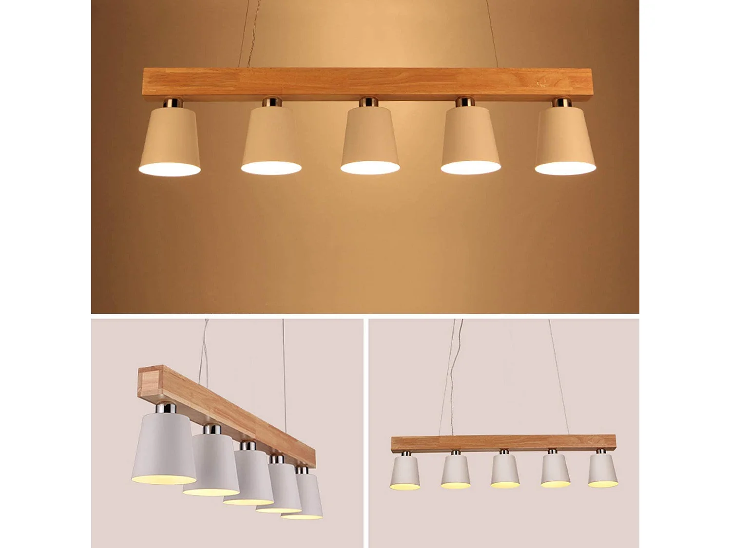 NEETLIFE Hanglamp 5xE27 wit Hout Design 102cm vintage hanglamp hoogte verstelbaar eettafel lamp opknoping voor eetkamer | woonkamer |kantoor | slaapkamer | keuken