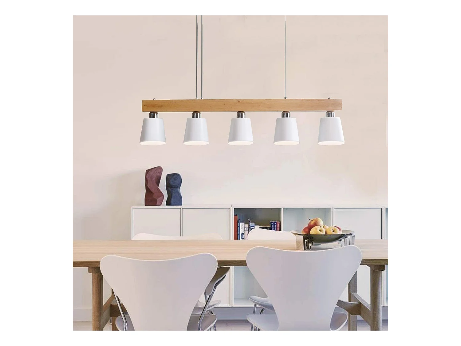 NETTLIFE Suspension 5 ampoules E27 blanc moderne Métal et bois lampe de salle à manger Diam.102cm pour cuisine salon couloir hôtel