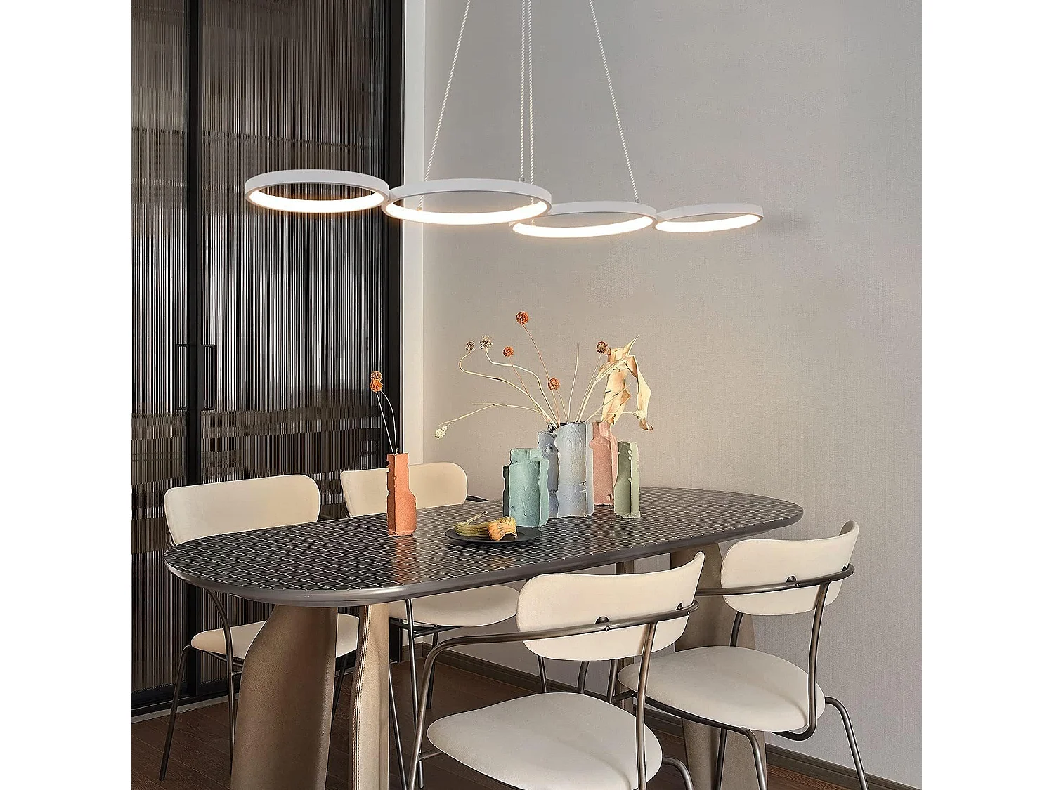 NETTLIFE LED Hanglamp wit 4 lichts dimbaar met afstandsbediening eettafel lamp met ring Ontwerp in hoogte verstelbare hanglamp voor woonkamer | slaapkamer | keuken
