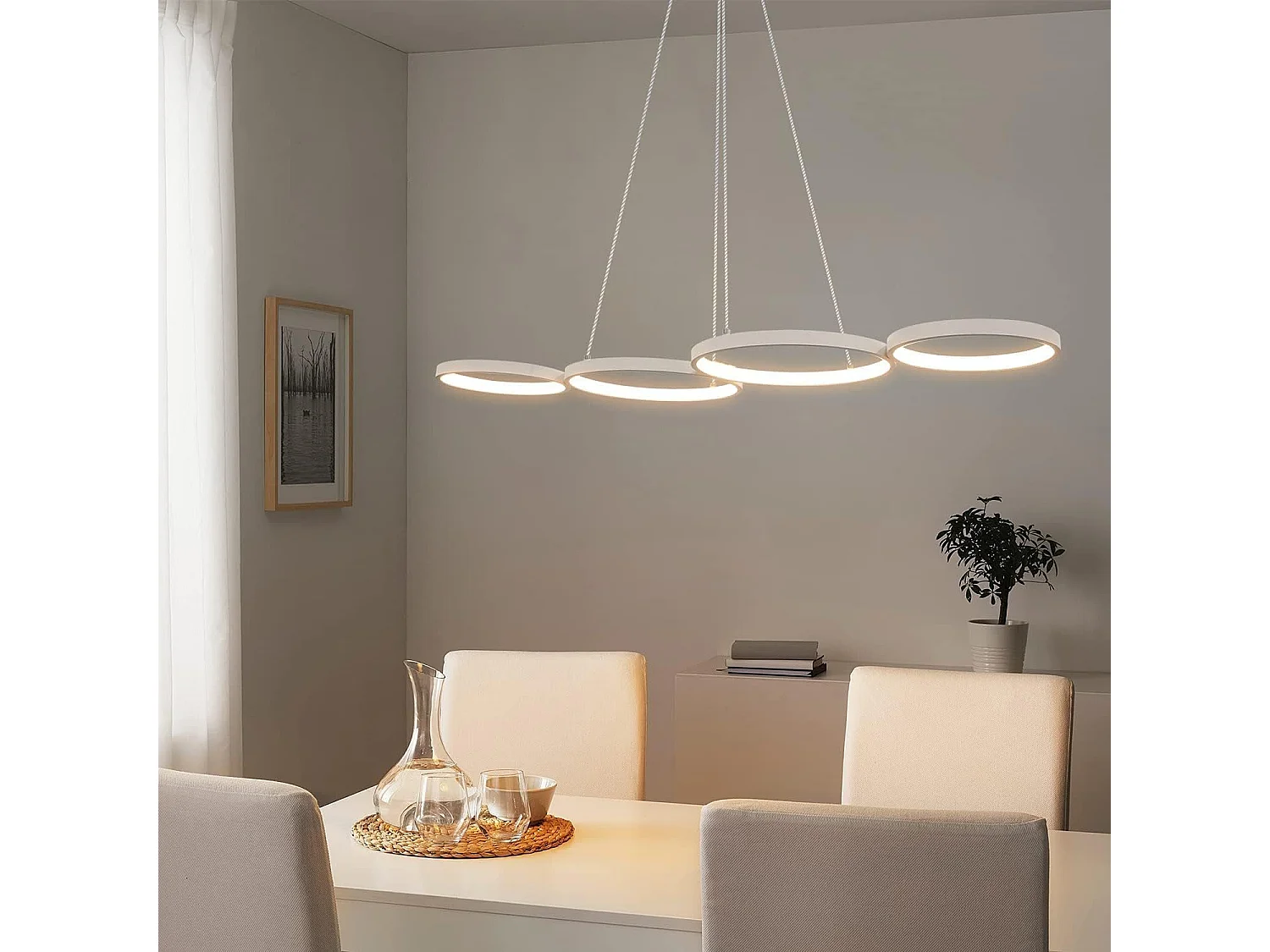 NETTLIFE LED Hanglamp wit 4 lichts dimbaar met afstandsbediening eettafel lamp met ring Ontwerp in hoogte verstelbare hanglamp voor woonkamer | slaapkamer | keuken