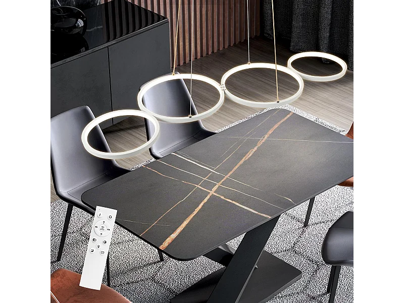 Moderne weiße LED-Pendelleuchte, Durchmesser 88 cm, 4 Ringe, Metalldesign, dimmbar, mit Fernbedienung