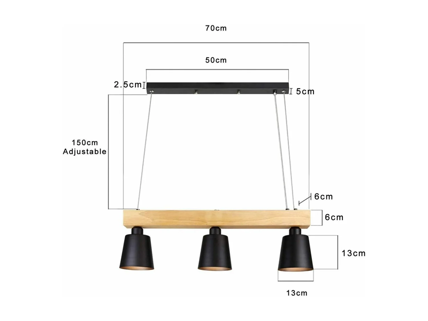 NEETLIFE Hanglamp 3xE27 zwart Hout Design 70cm vintage hanglamp hoogte verstelbaar eettafel lamp opknoping voor eetkamer | woonkamer |kantoor | slaapkamer | keuken