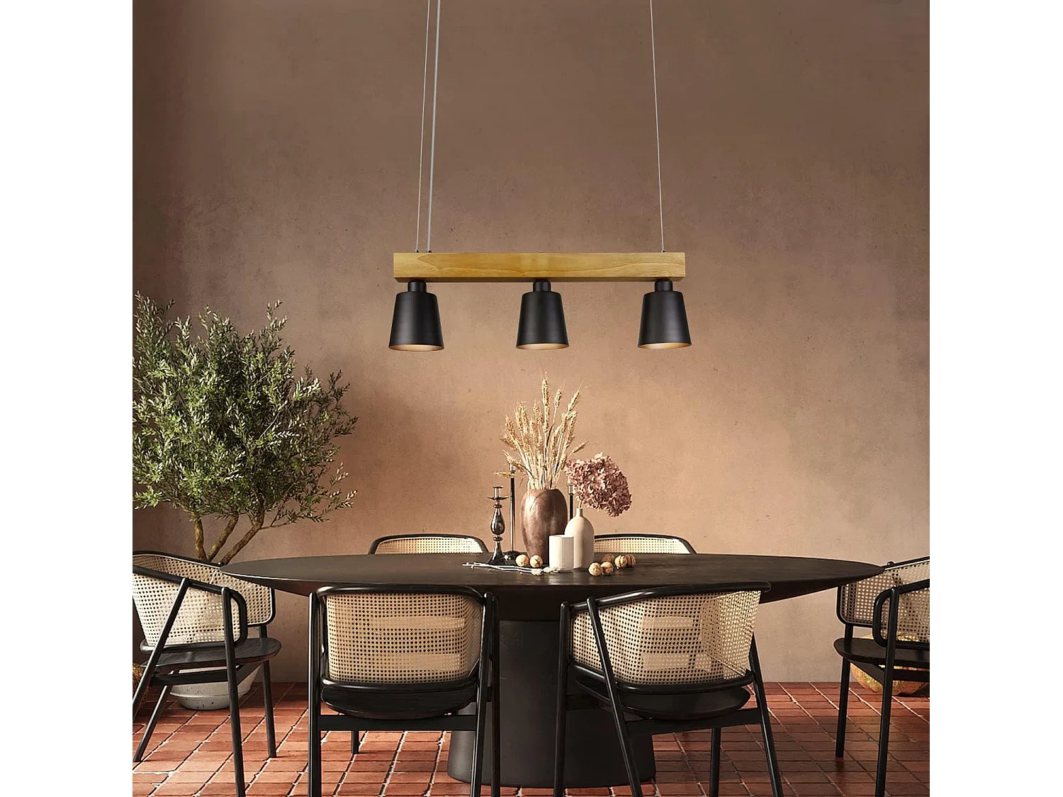 NETTLIFE Suspension bois noir E27 MAX.25W Diam.150cm 70x14x23CM table à manger 3 flammes vintage pour salle à manger bureau chambre cuisine bohème
