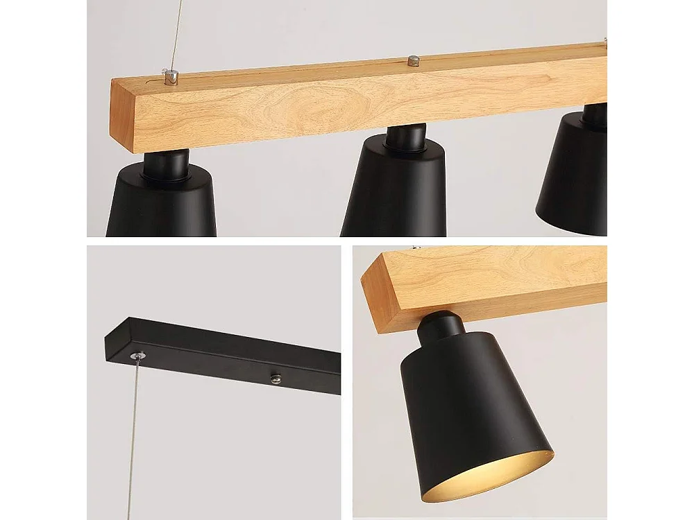 NETTLIFE Suspension bois noir E27 MAX.25W Diam.150cm 70x14x23CM table à manger 3 flammes vintage pour salle à manger bureau chambre cuisine bohème