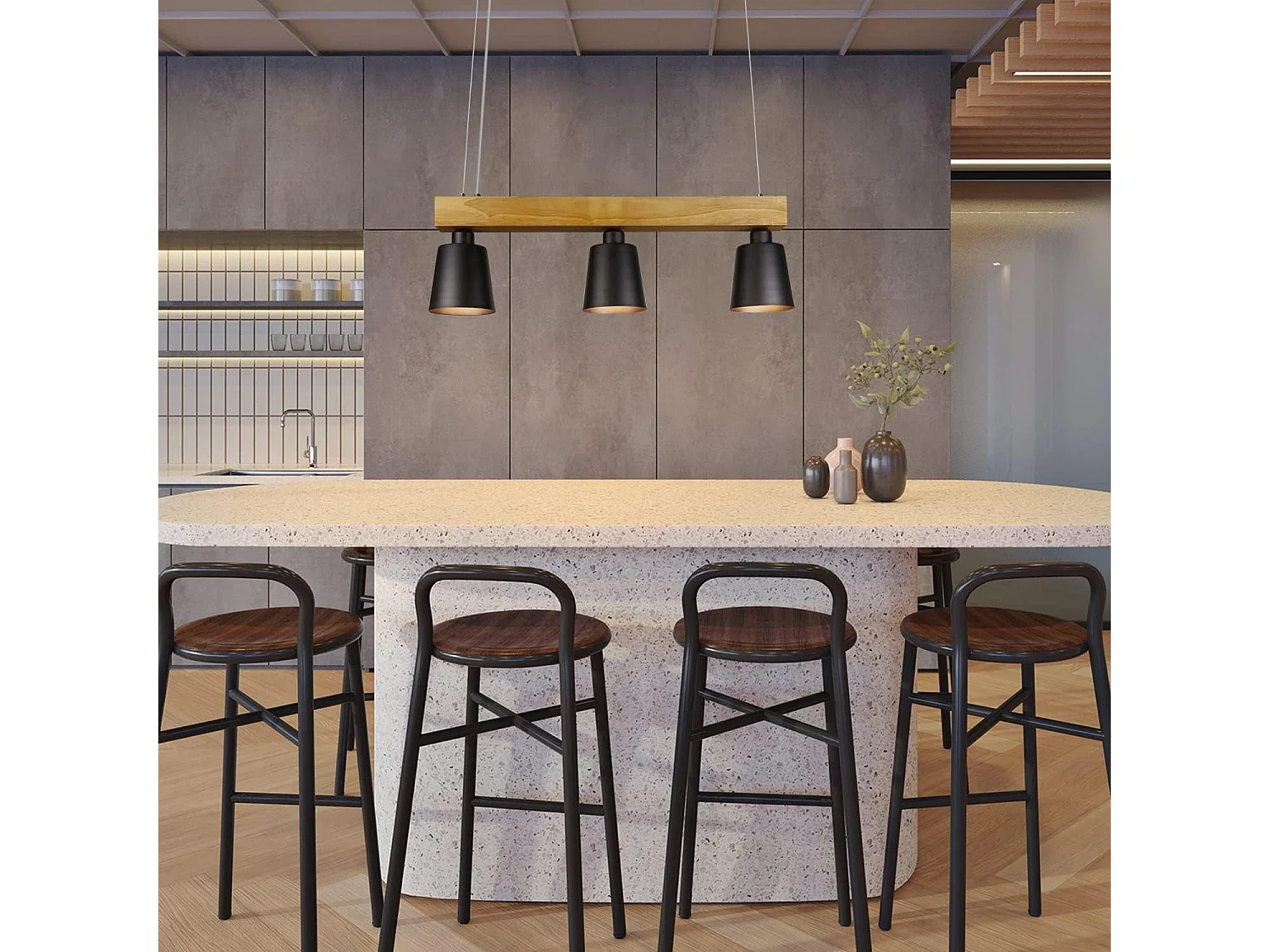 NETTLIFE Suspension bois noir E27 MAX.25W Diam.150cm 70x14x23CM table à manger 3 flammes vintage pour salle à manger bureau chambre cuisine bohème