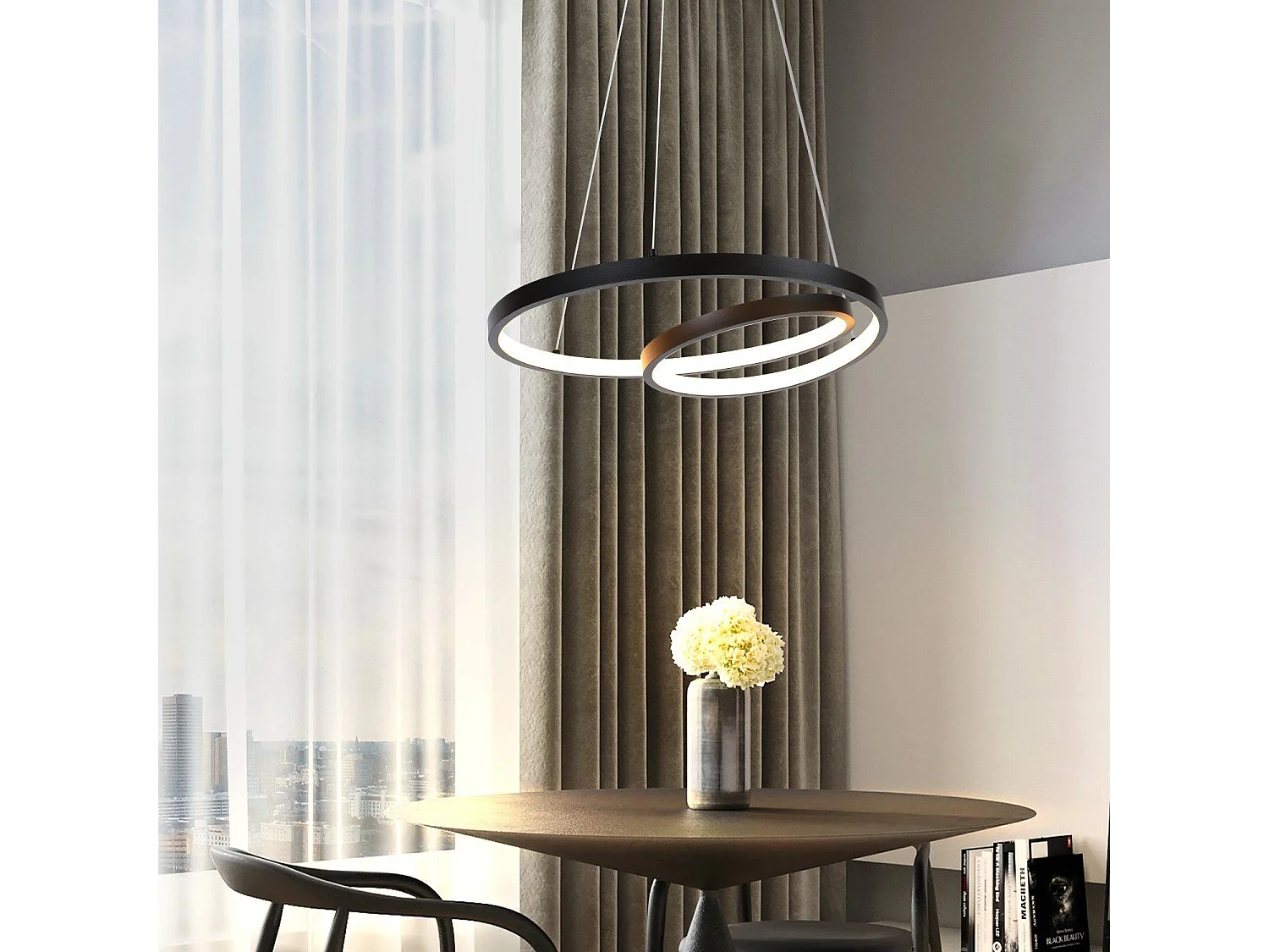 NETTLIFE Suspension LED Aluminium Noir 40CM Diam.150cm Dimmable Design Lampe de Table à Manger Moderne avec Télécommande pour Salon Chambre Cuisine