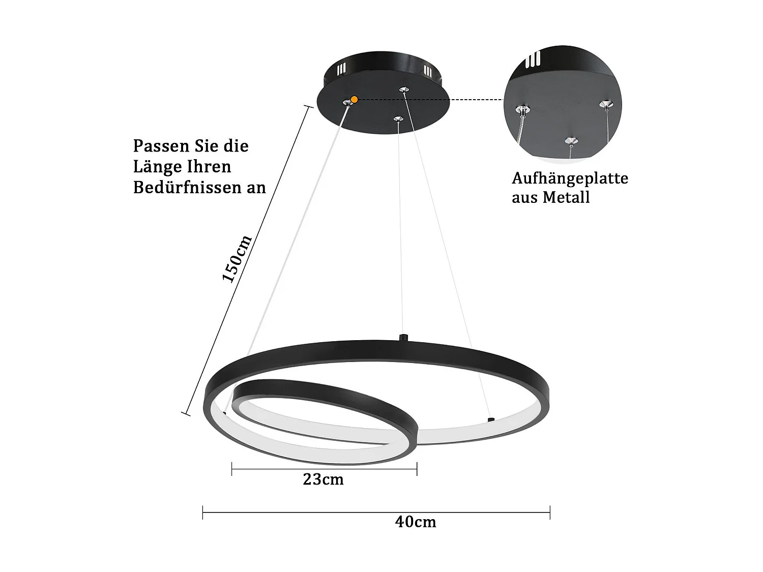 NETTLIFE Suspension LED Aluminium Noir 40CM Diam.150cm Dimmable Design Lampe de Table à Manger Moderne avec Télécommande pour Salon Chambre Cuisine