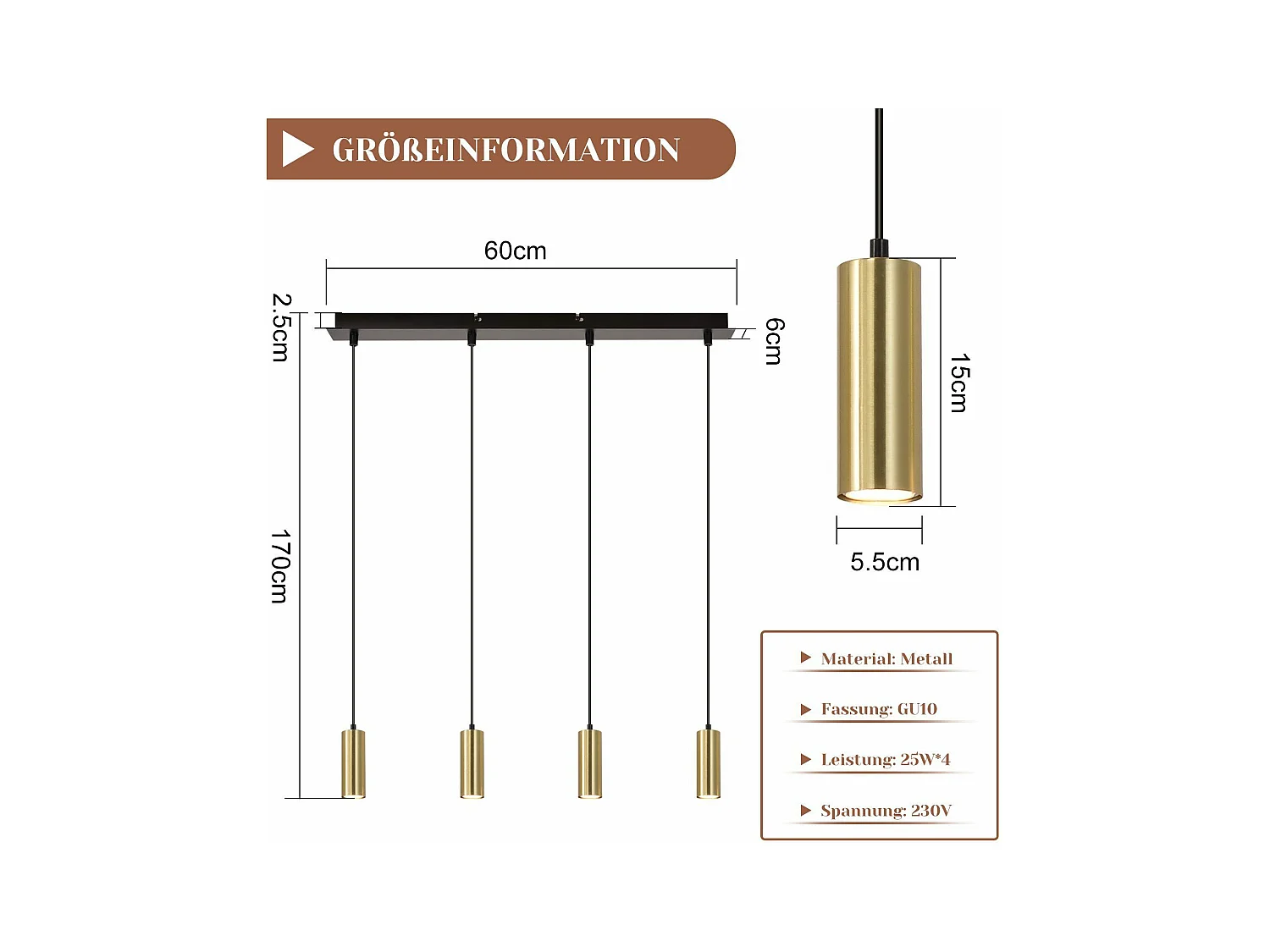 NETTLIFE Gu10 Lámpara Colgante Negro Oro Diam.170cm Metal 4 Bombillas - Lámpara de Mesa Industrial Moderna para Salón Cafetería  Dormitorio