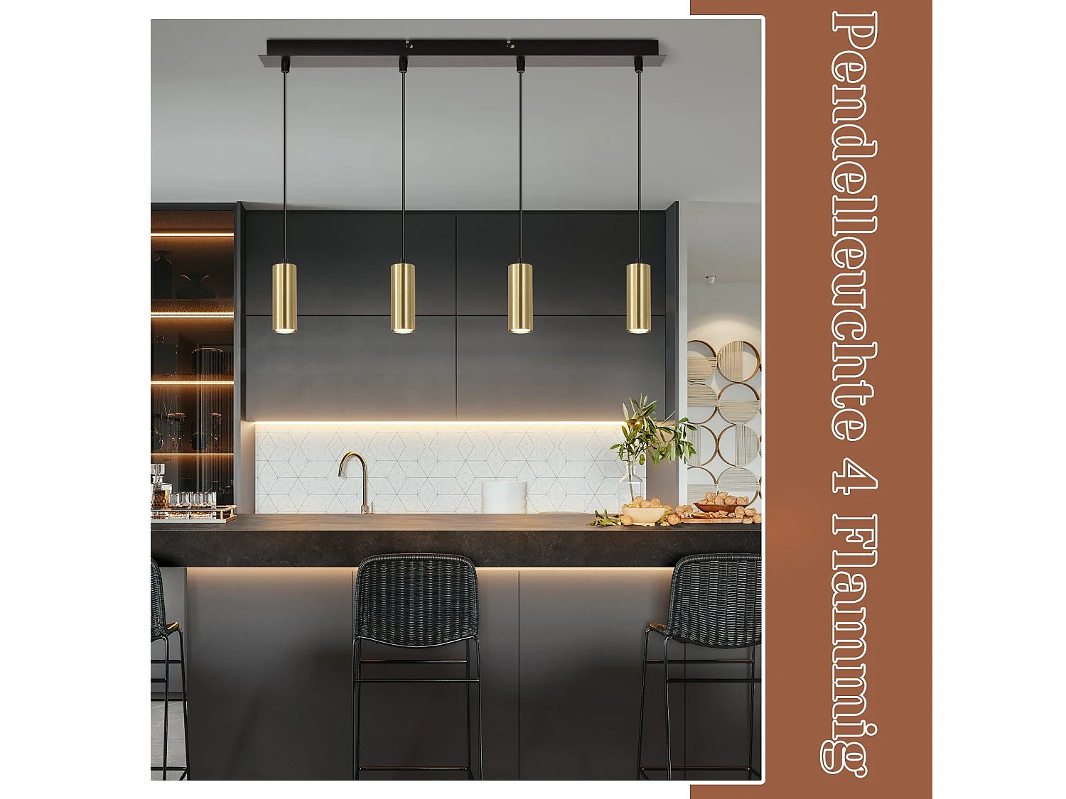 NETTLIFE Gu10 Lámpara Colgante Negro Oro Diam.170cm Metal 4 Bombillas - Lámpara de Mesa Industrial Moderna para Salón Cafetería  Dormitorio