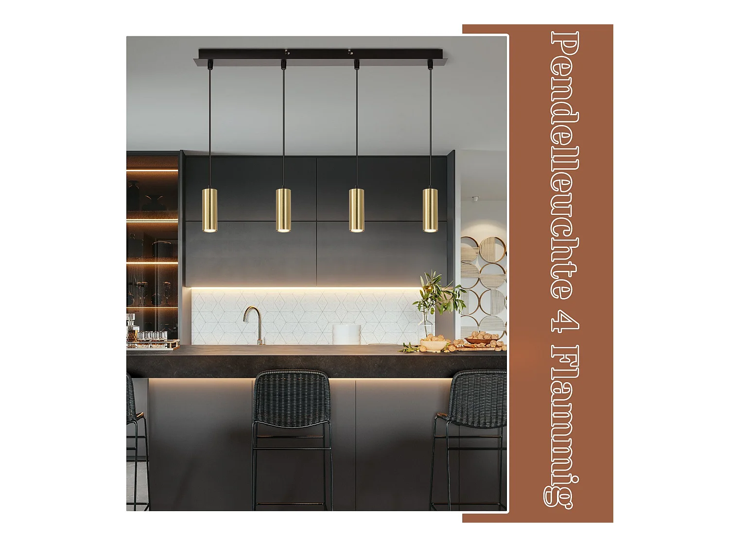 NETTLIFE Gu10 Lámpara Colgante Negro Oro Diam.170cm Metal 4 Bombillas - Lámpara de Mesa Industrial Moderna para Salón Cafetería  Dormitorio