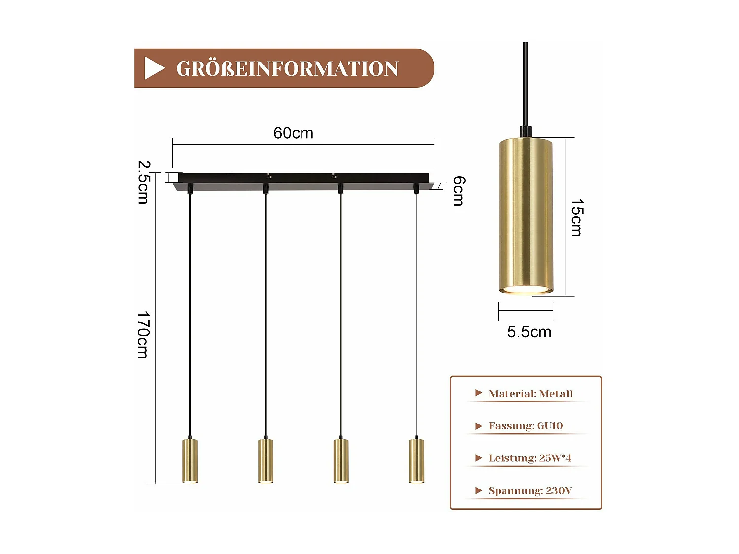 NETTLIFE Suspension Gu10 Or Noir Diam.170cm Métal 4 Ampoules - Lampe de Table à Industrielle Moderne pour Salon Café Salle à Manger Chambre