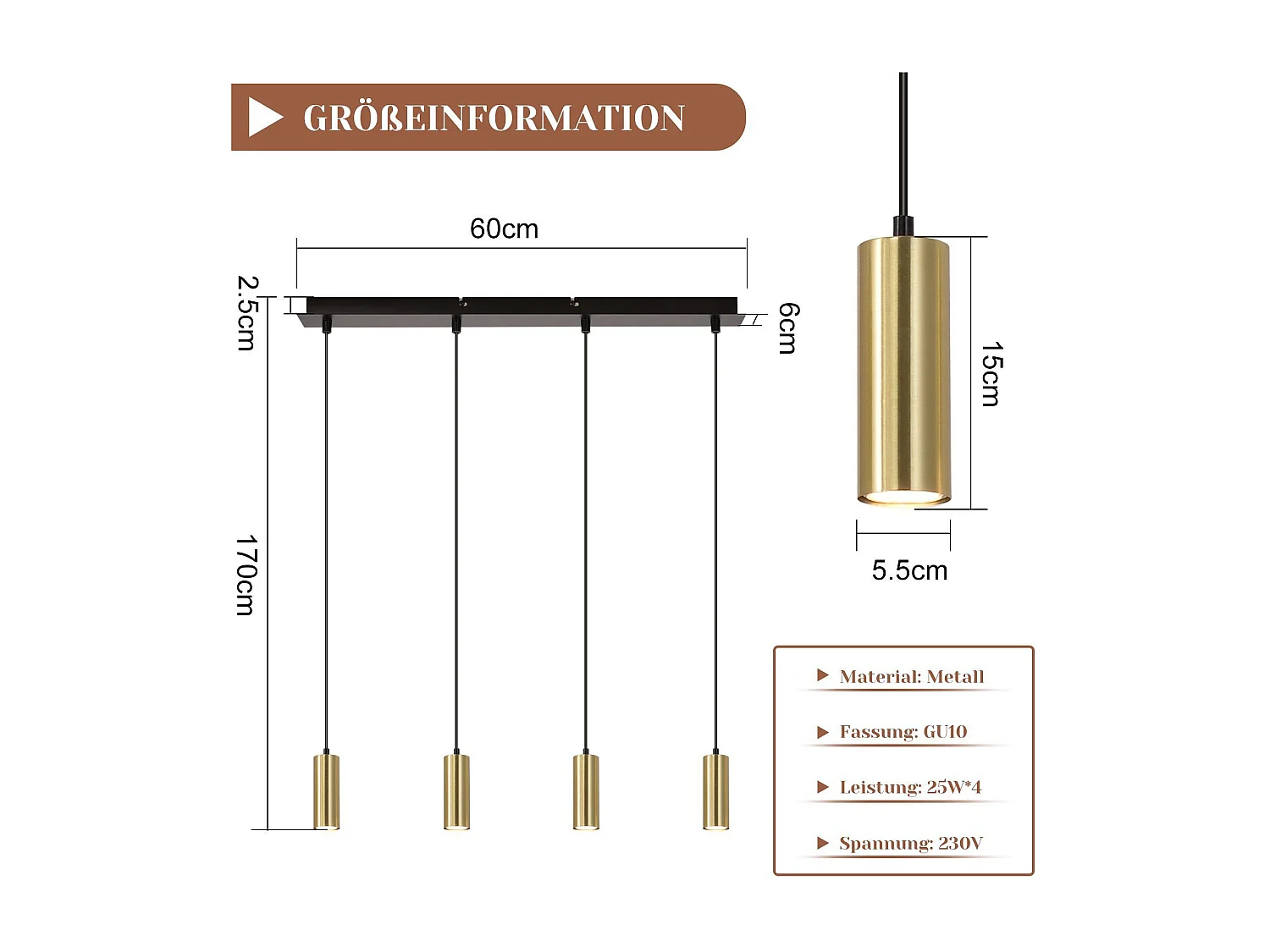 NETTLIFE Suspension Gu10 Or Noir Diam.170cm Métal 4 Ampoules - Lampe de Table à Industrielle Moderne pour Salon Café Salle à Manger Chambre