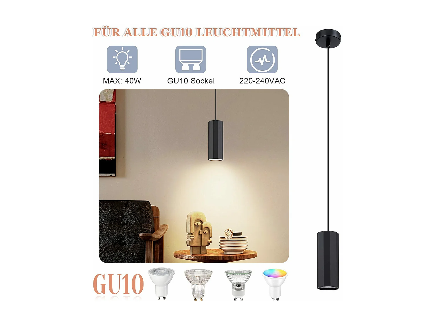 NETTLIFE Suspension métal noir diamètre 170 cm GU10 1 flamme salon moderne industriel pour salle à manger intérieur cuisine chambre