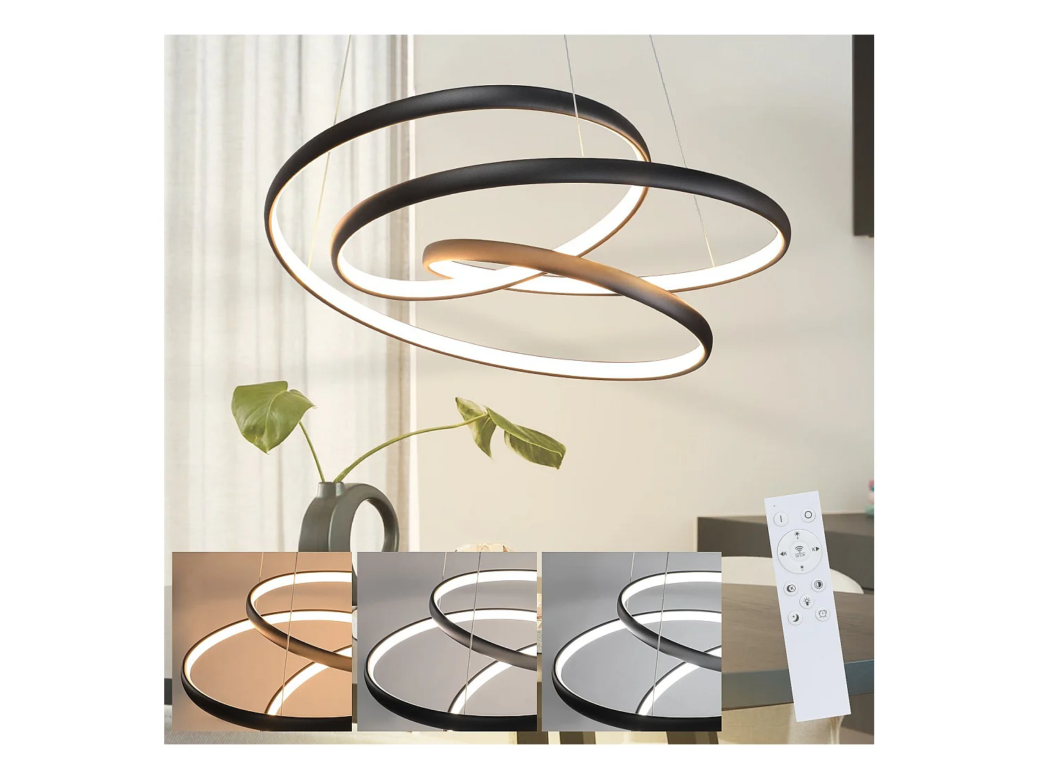 NETTLIFE Suspension LED Fer Noir Diam.24cm Dimmable 50CM Lampe à Suspension Moderne avec Télécommande Lampe de Salon 55W