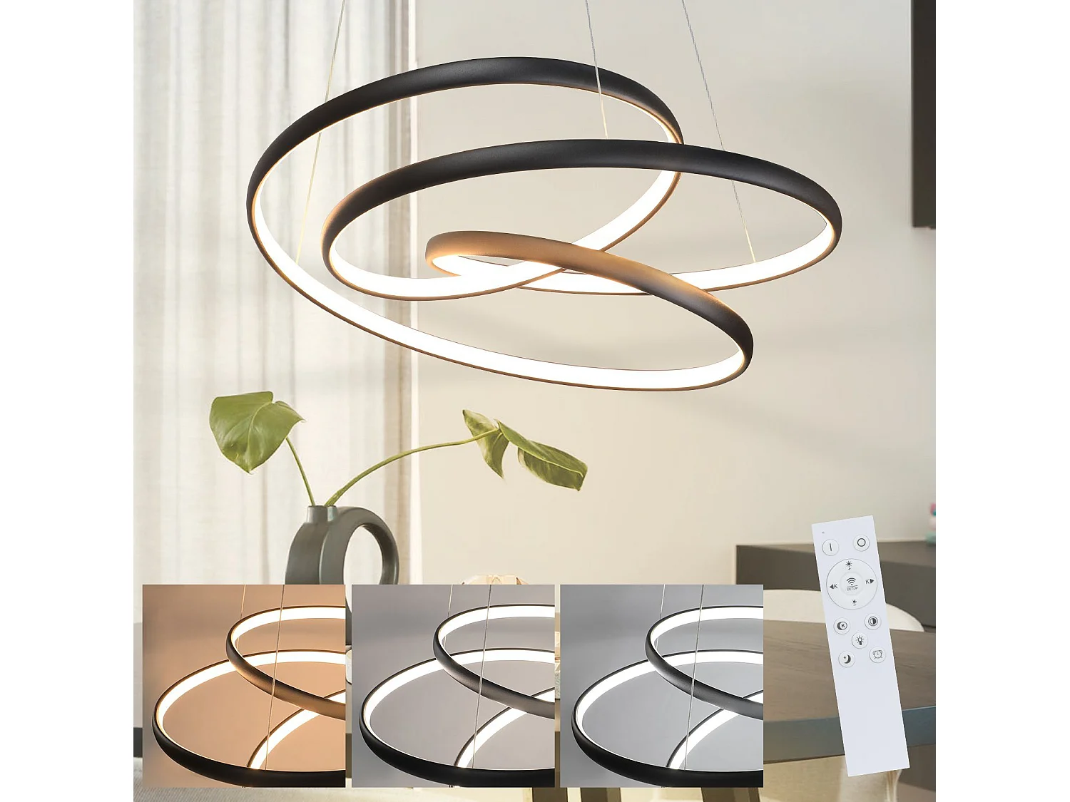 NETTLIFE Suspension LED Fer Noir Diam.24cm Dimmable 50CM Lampe à Suspension Moderne avec Télécommande Lampe de Salon 55W