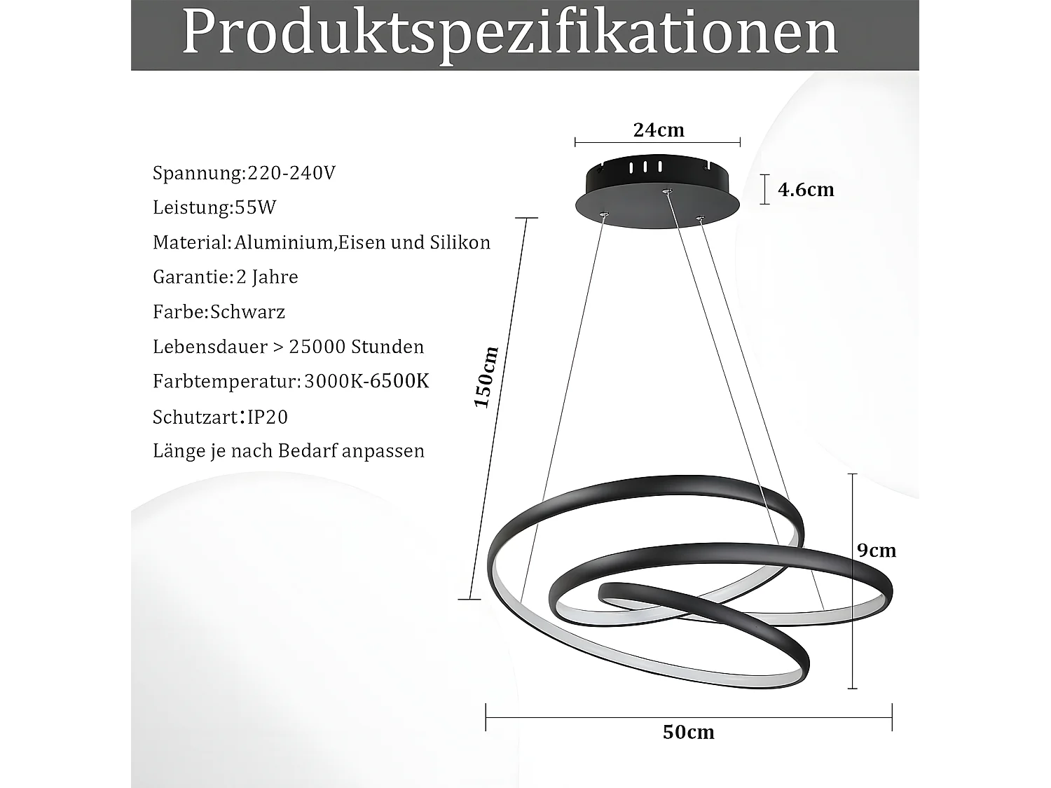 NETTLIFE LED Pendelleuchte Schwarz Eisen Diam.24cm Dimmbar 50CM Moderne Hängelampe mit Fernbedienung Wohnzimmerlampe 55W