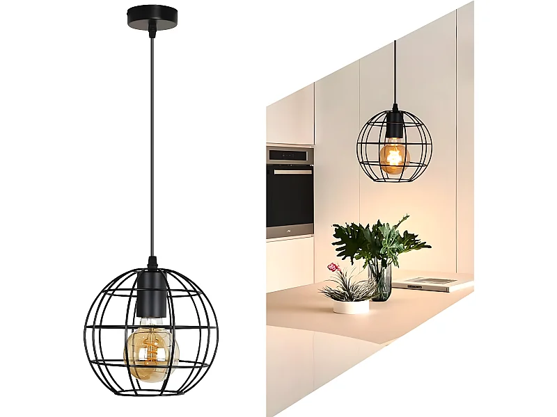 NETTLIFE Suspension Vintage Noir E27 Diam.18.5cm Métal Design de la boule Industrielle Lampe de Cuisine pour Salon Chambre Salle à Manger Max.40W