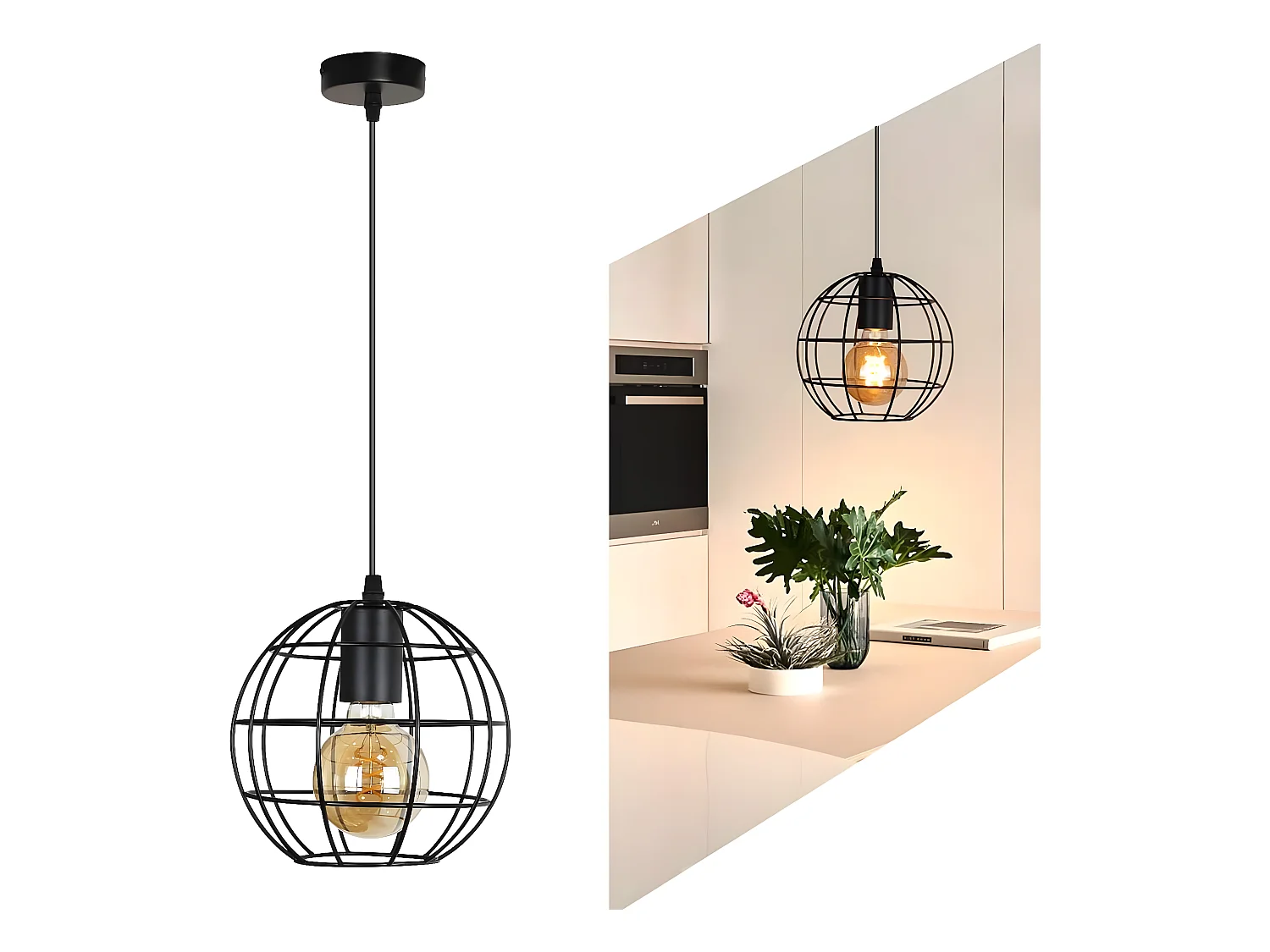 NETTLIFE Suspension Vintage Noir E27 Diam.18.5cm Métal Design de la boule Industrielle Lampe de Cuisine pour Salon Chambre Salle à Manger Max.40W