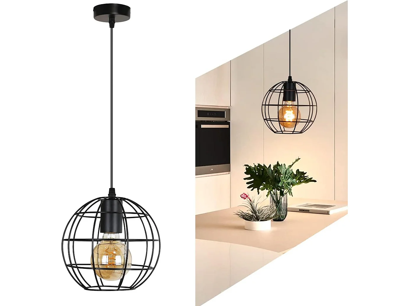 NETTLIFE Suspension Vintage Noir E27 Diam.18.5cm Métal Design de la boule Industrielle Lampe de Cuisine pour Salon Chambre Salle à Manger Max.40W