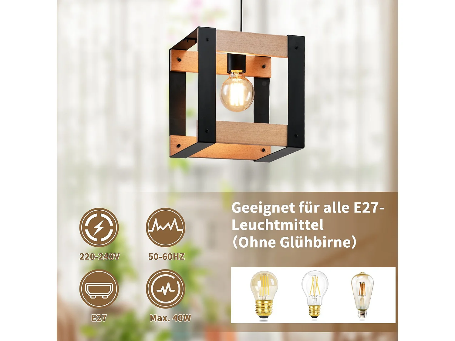 NETTLIFE Czarna metalowa drewniana lampa wisząca E27 średnica 175cm 1 gniazdo przemysłowe lampa wisząca w stylu retro do jadalni salon kuchnia sypialnia