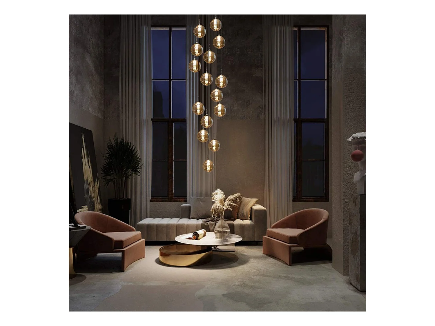 NETTLIFE Nowoczesna bursztynowa lampa wisząca ze szkła o średnicy 41 cm G9 Żyrandol schodowy z regulacją wysokości 15 żarówek Żyrandol do