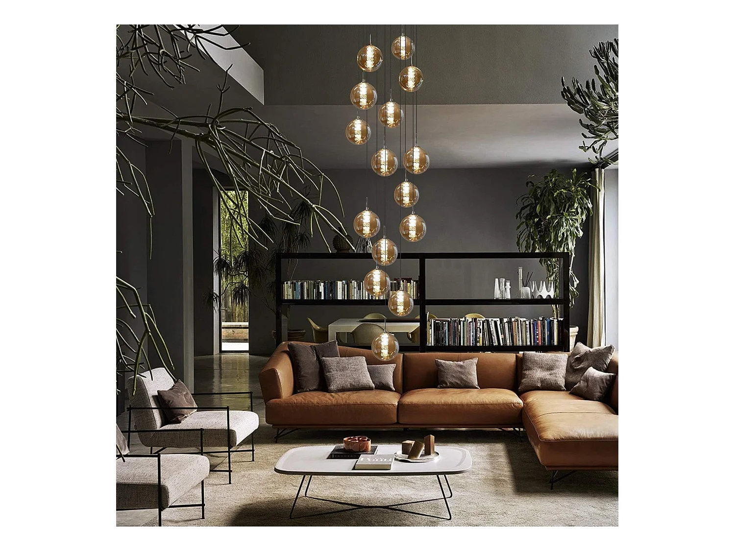 NETTLIFE Nowoczesna bursztynowa lampa wisząca ze szkła o średnicy 41 cm G9 Żyrandol schodowy z regulacją wysokości 15 żarówek Żyrandol do