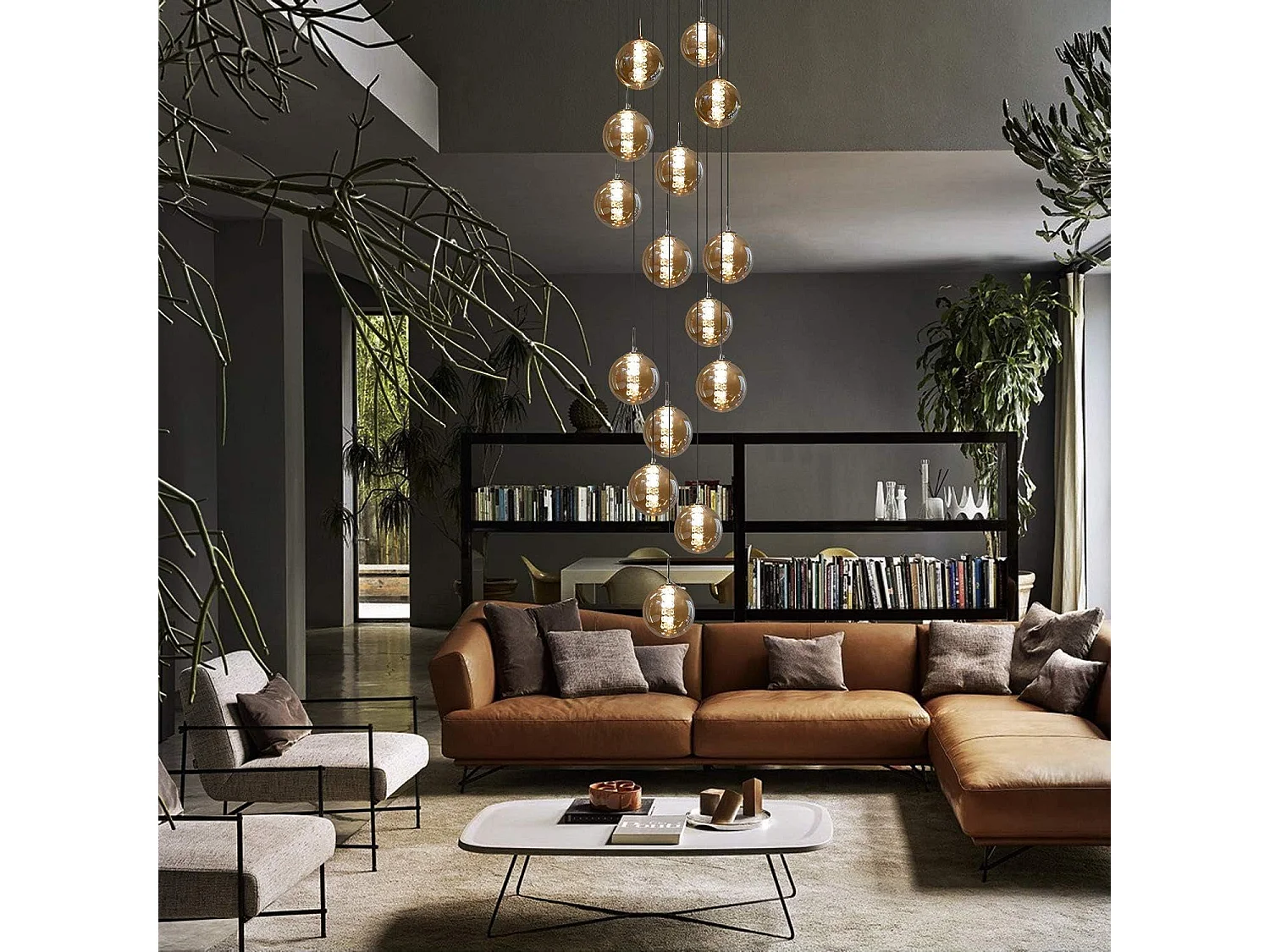 NETTLIFE Suspension Verre Ambre Moderne Diam.41cm G9 Escalier Hauteur Réglable Lustre 15 Ampoules Cuisine Couloir Lampe pour Salon