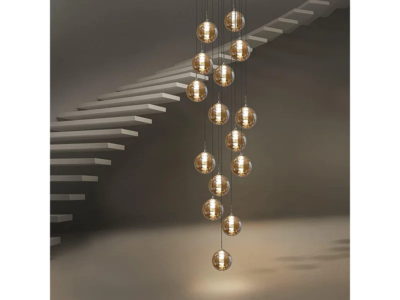 NETTLIFE Nowoczesna bursztynowa lampa wisząca ze szkła o średnicy 41 cm G9 Żyrandol schodowy z regulacją wysokości 15 żarówek Żyrandol do