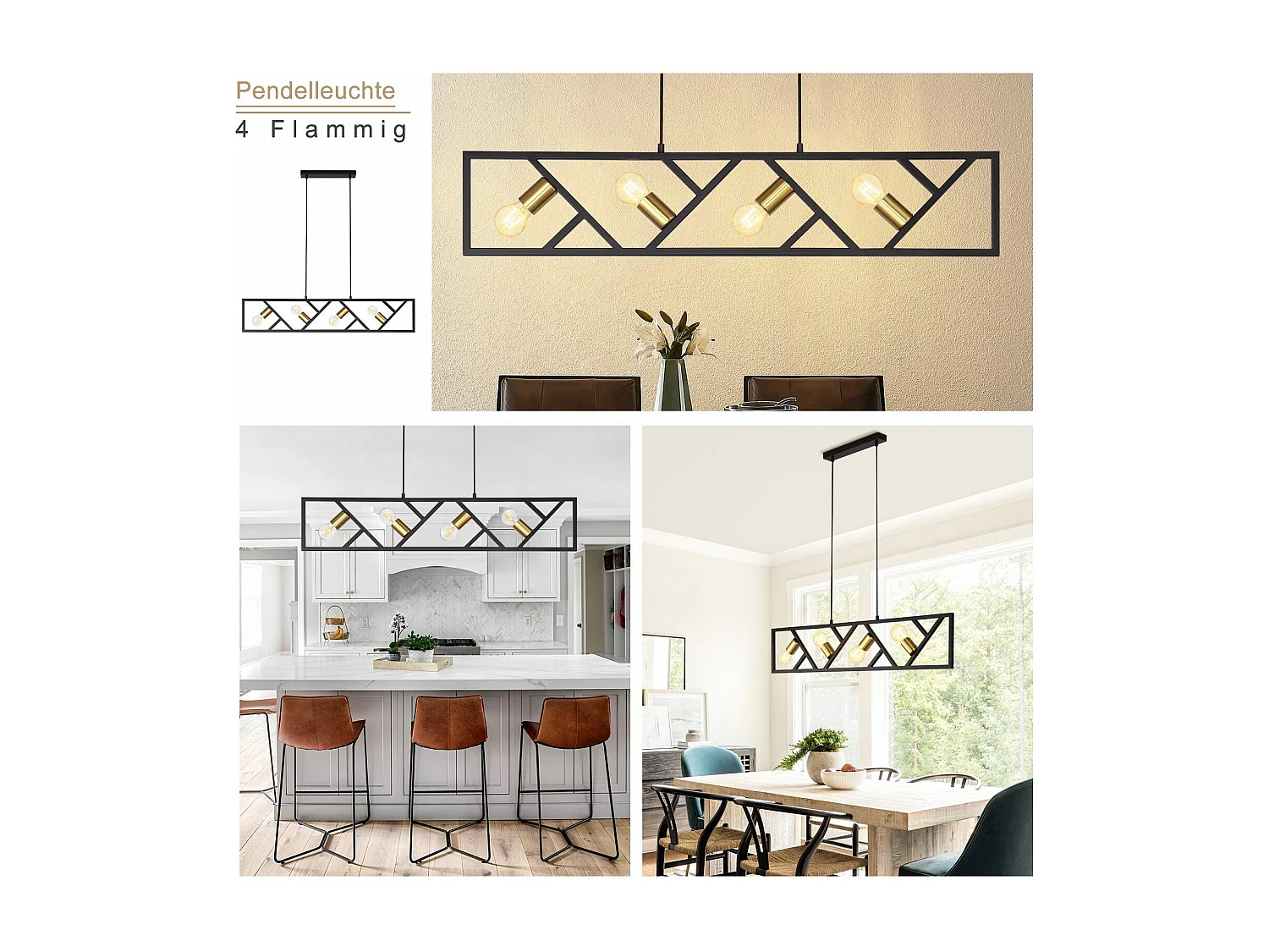 NETTLIFE Lámpara Colgante Vintage Negro y Dorado 4 llamas E27 Metal Diam.100CM Lámpara Retro de Comedor para Sala Cocina