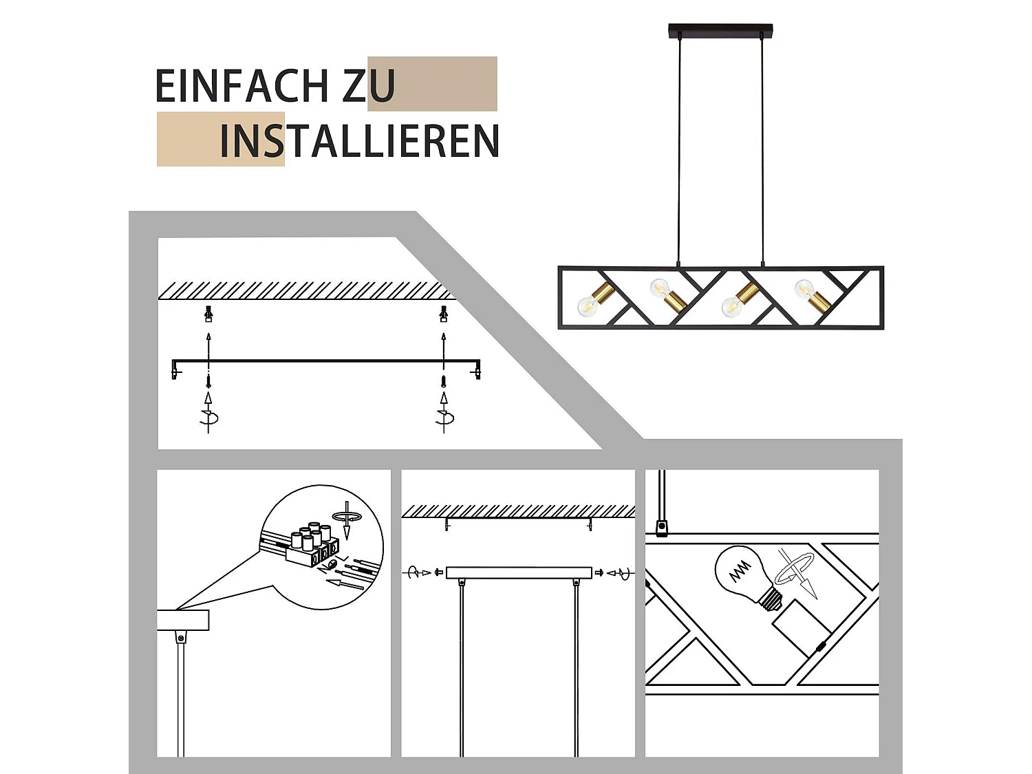 NETTLIFE Lámpara Colgante Vintage Negro y Dorado 4 llamas E27 Metal Diam.100CM Lámpara Retro de Comedor para Sala Cocina