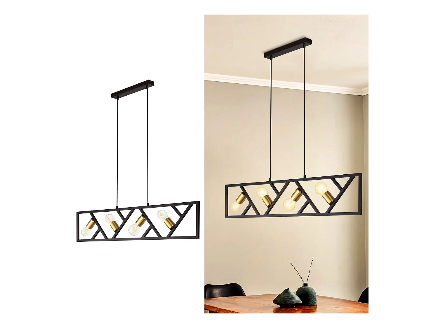 NETTLIFE Suspension Vintage Noir et Or 4 flammes E27 Métal Diam.100CM Rétro Lampe de salle à manger pour salon cuisine