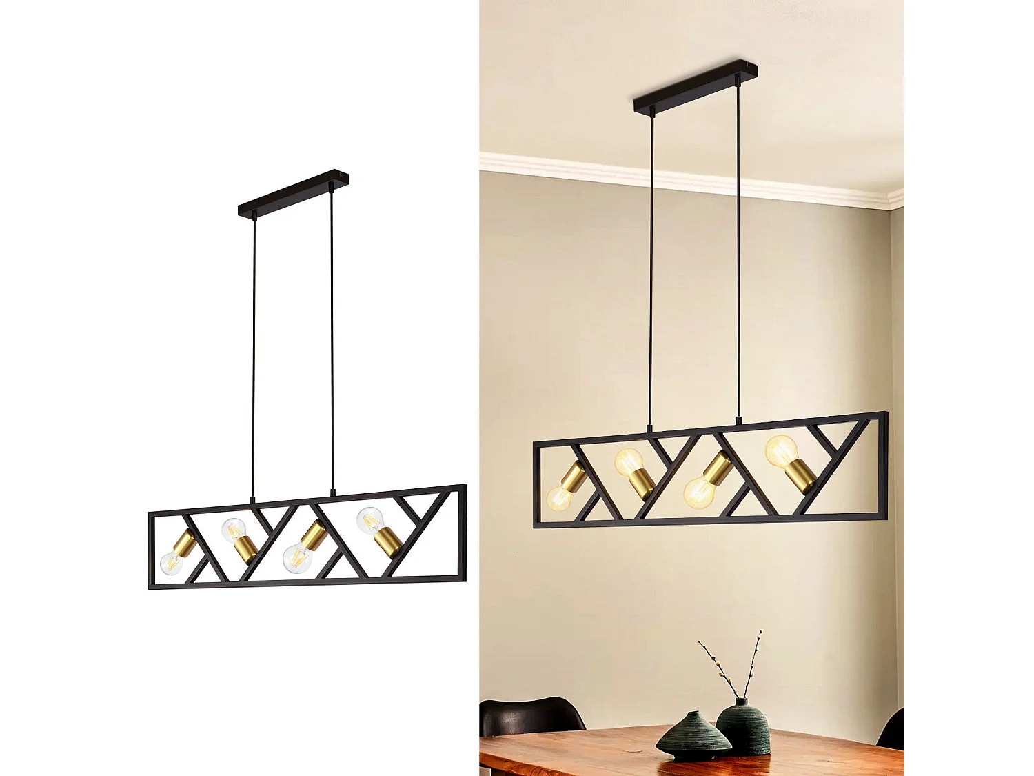 NETTLIFE Suspension Vintage Noir et Or 4 flammes E27 Métal Diam.100CM Rétro Lampe de salle à manger pour salon cuisine