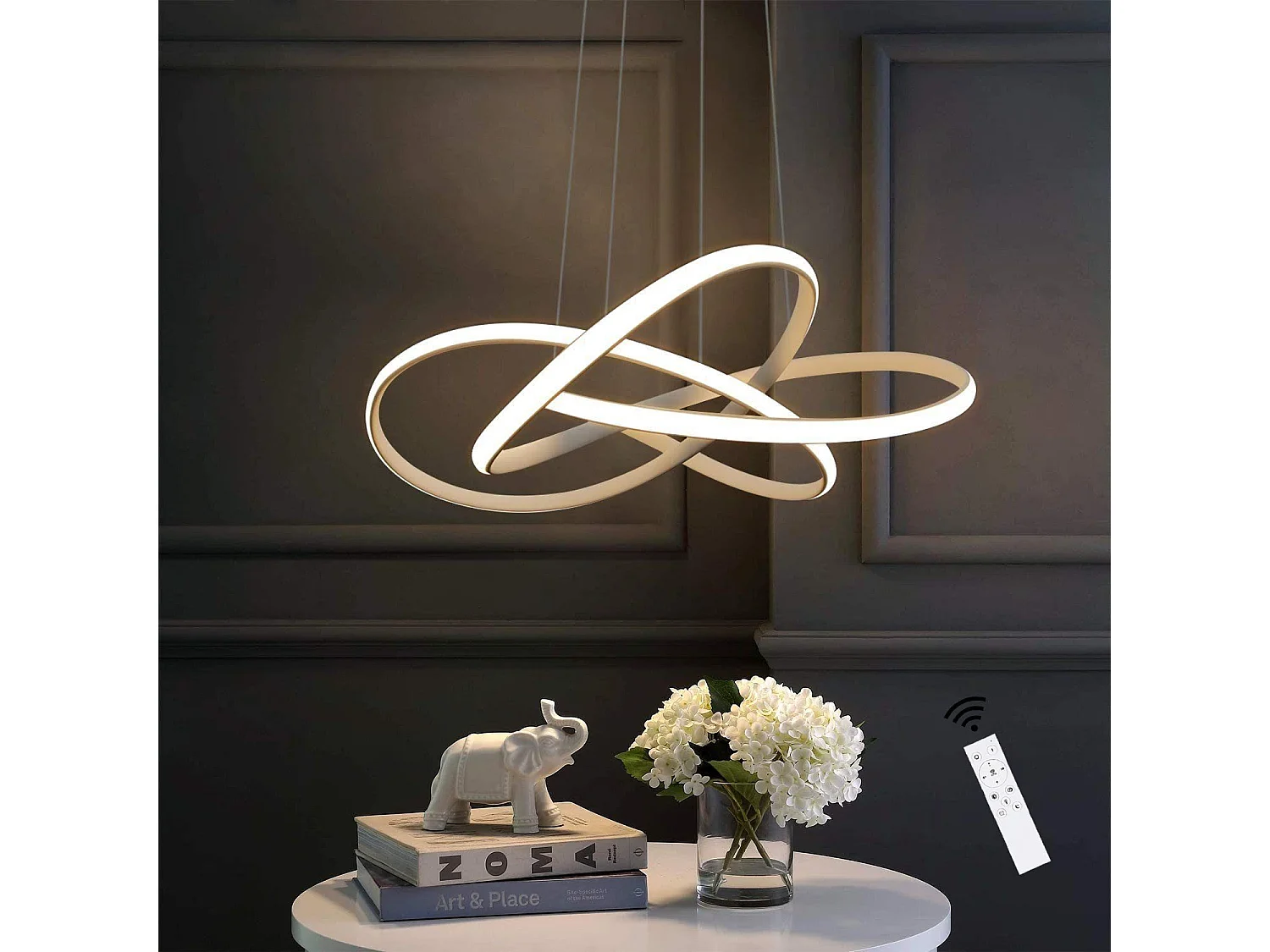 NETTLIFE Żyrandol LED do salonu, lampy wiszące, stół jadalny, biały, 59 W, ściemniany za pomocą pilota