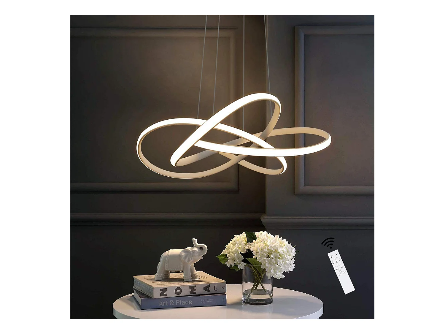 NETTLIFE Suspension LED Métal Blanc Diam.58cm 62W Anneaux Modernes Salon Dimmable avec Télécommande Éclairage Intérieur Réglable en Hauteur Lampe